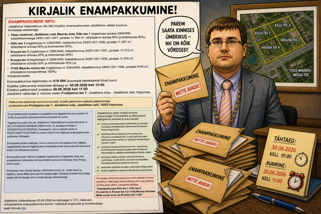 Kirjalik enampakkumine – Jõelähtme Vallavalitsus Jõelähtme Vallavalitsus korraldab kirjaliku enampakkumise, mille käigus müüakse vallale kuuluvad kinnistud Maar